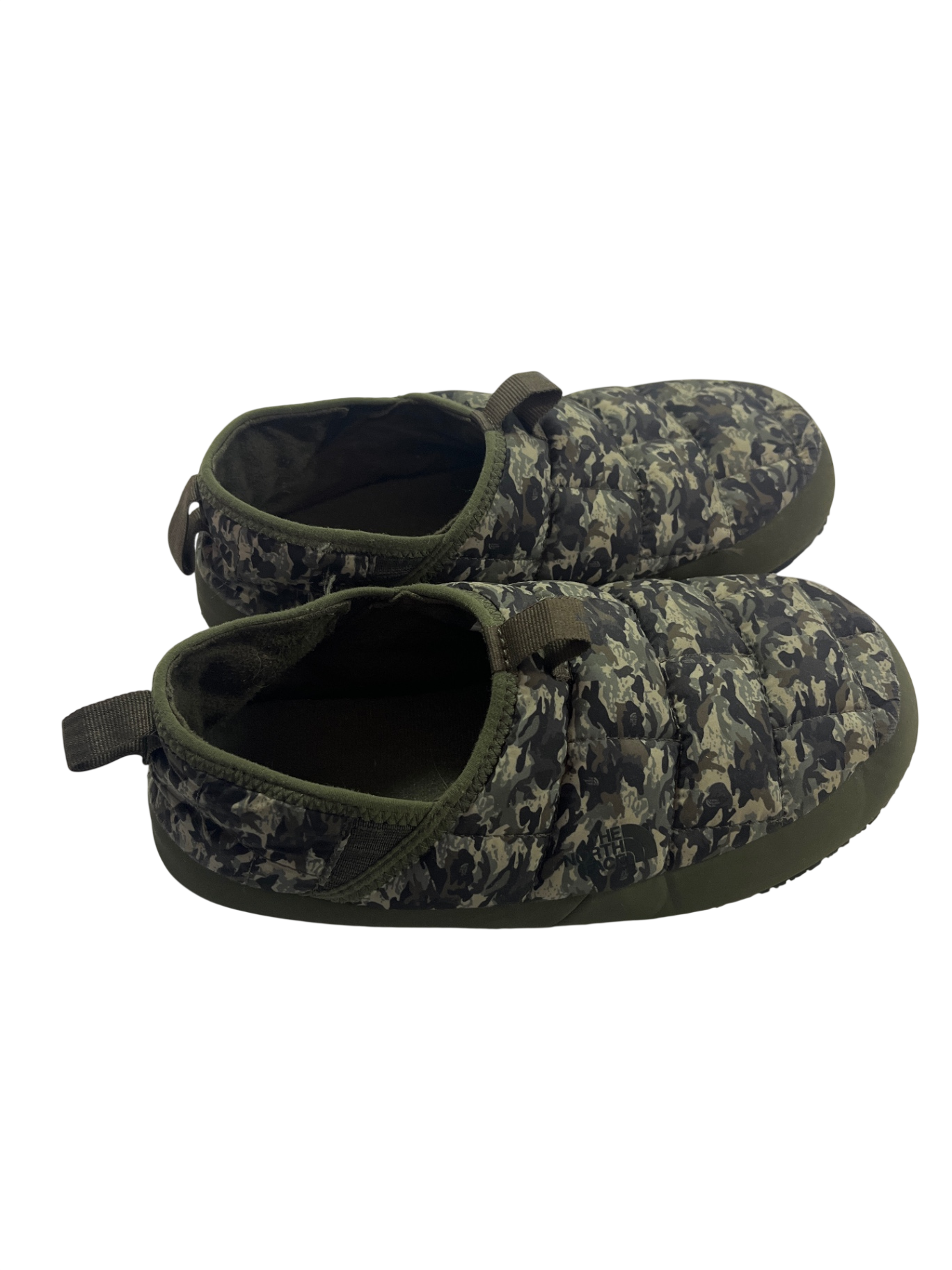 The North Face Slippers Camouflage pattern with black and green accents