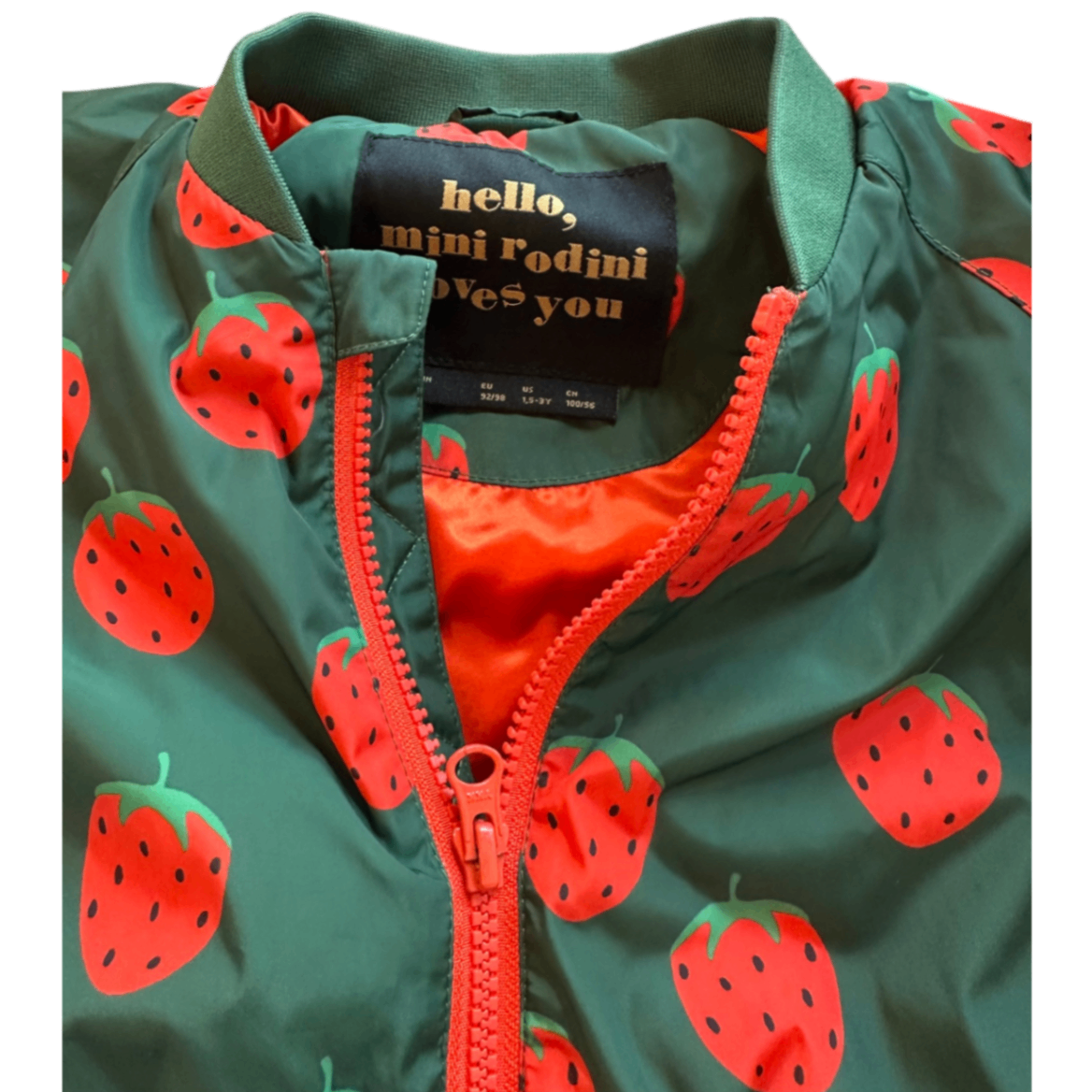 Mini Rodini Jacket Green with red strawberries pattern