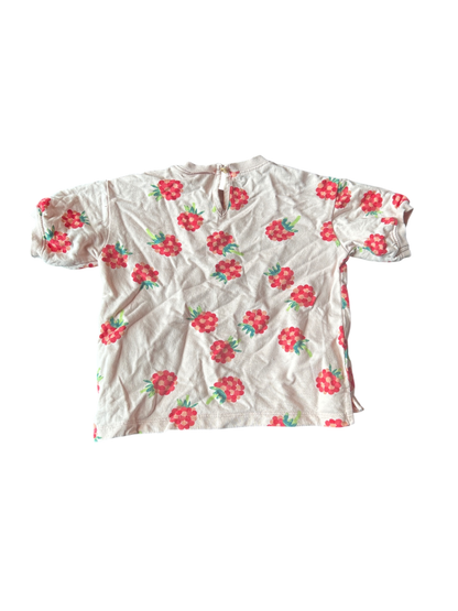 HEMA T-Shirt Off-white with red, pink, and green floral print