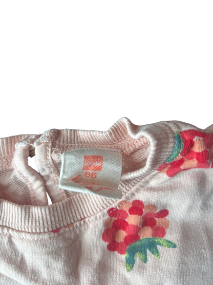 HEMA T-Shirt Off-white with red, pink, and green floral print